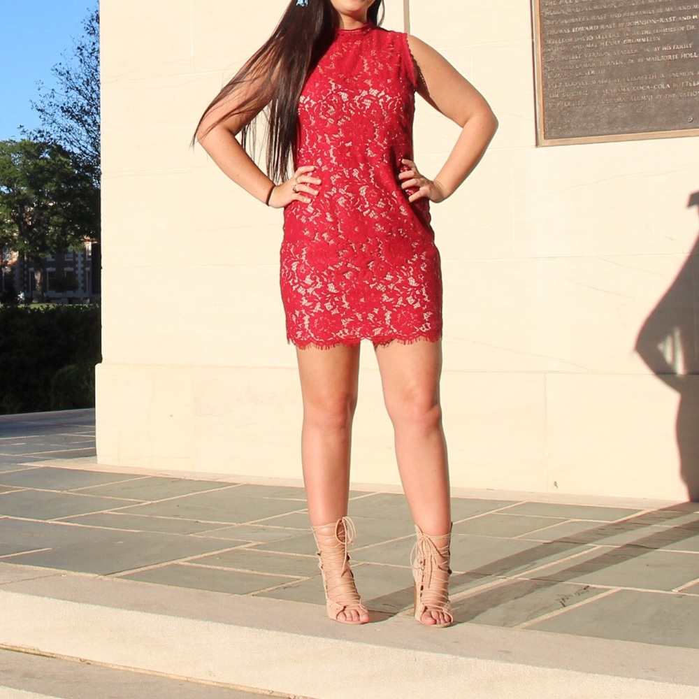 👗She + Sky Red Lace Cocktail Mini Dress